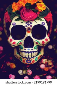 A creepy colourful portrait of a skull for "dia de los muertos", "Day of the dead". 