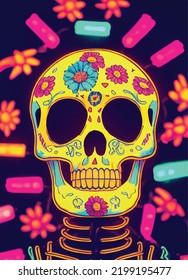 A creepy colourful portrait of a skull for "dia de los muertos", "Day of the dead". Poster idea, invitation card idea. Mexican celebration.