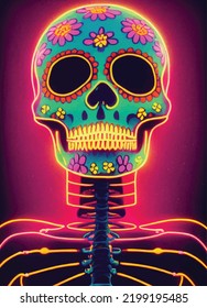 A creepy colourful portrait of a colourful skull for "dia de los muertos", "Day of the dead". Neon colours. Poster idea, invitation card idea. Mexican celebration.