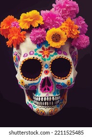 A creepy colourful portrait of a skull for "dia de los muertos", "Day of the dead". 