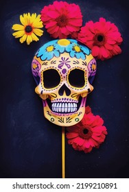 A creepy colourful portrait of a skull with flowers for "dia de los muertos", "Day of the dead". Poster idea, invitation card idea. Mexican celebration.