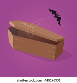creepy comic bat is flying out from a coffin