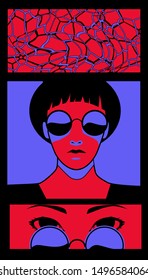 Creepy comic strip with red swimming pool and young woman wearing sunglases and hat. Poster or cover for Helloween  party.
