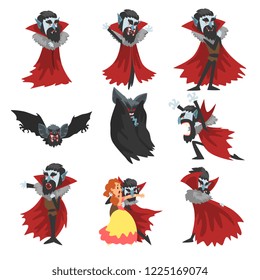 Creepy Count Dracula set, vampire cartoon character in different situations vector Illustration on a white background