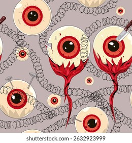 creepy crazy red eyeballs nail in it barbed wire around, original Halloween seamless pattern texture