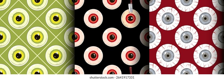 creepy crazy red eyeballs nail in it barbed wire around, original Halloween seamless pattern texture set collection