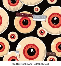 creepy crazy  red eyes with knife  in it, original Halloween seamless pattern texture dark background 