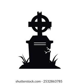 Creepy cross grave icon with concrete and wood. Flat illustration of death icon, perfect for Halloween.	
