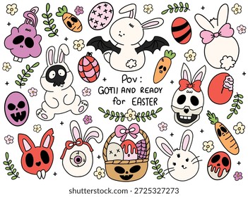 Creepy bonito coelho de Páscoa e Skull ovos vetor conjunto, Pastel Goth Natal Clipart Páscoa gótico