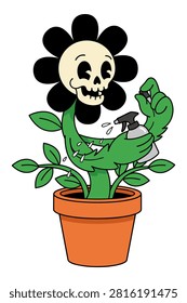 Creepy cute flower with skull head and arms, misting leaves. Potted plant.