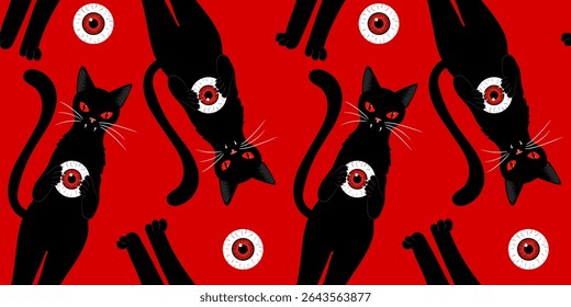 creepy cute gothic style repeatable print featuring mysterious felines and detached eyes perfect for october decor and party themes red background