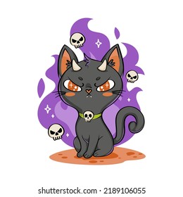 Creepy And Cute Halloween Black Cat. Vector Isolated Hand Drawn Cartoon Character. Illustration For Posters, T-shirt Print, Postcard, Card, Baby Textile