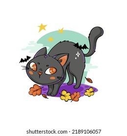 Creepy and cute halloween black cat. Vector isolated hand drawn cartoon character. Illustration for posters, T-shirt print, postcard, card, baby textile