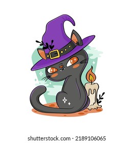 Creepy and cute halloween black cat in witch hat. Vector isolated hand drawn cartoon character. Illustration for posters, T-shirt print, postcard, card, baby textile