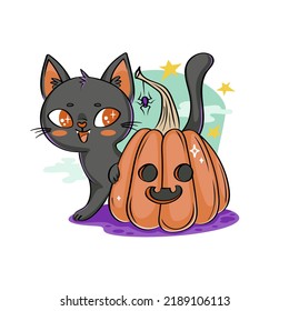 Creepy Cute Halloween Black Cat Pumpkin Stock Vector (Royalty Free ...