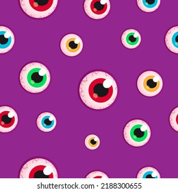 Creepy Cute Halloween Design. Halloween Eyeballs Purple Pattern. Eyeball Seamless Pattern On Purple Background. 