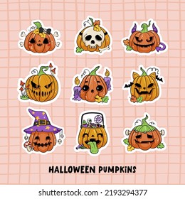 Creepy And Cute Halloween Pumpkin Sticker Pack. Funny Illustration For Kids. Scary Cartoon Characters. Halloween Collection In Hand Drawn Style	