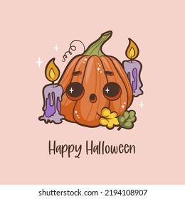 Creepy and cute halloween pumpkin vector illustration in hand drawn style. Pumpkin with candles cartoon character for card, poster, textile,  apparel, halloween decoration