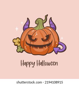 Creepy and cute halloween pumpkin vector illustration in hand drawn style. Devil pumpkin cartoon character for card, poster, textile,  apparel, halloween decoration