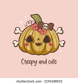 Creepy und süß-halloween Kürbis, Vektorgrafik in handgezeichnet. Girl-Kürbis-Cartoon-Charakter für Karte, Poster, Textilien, Bekleidung, Halbriss-Dekoration