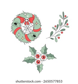 Creepy bonito estilo Halloween grinalda de Natal com fita vermelha, aranhas, teias de cobreiro, Holly berries de globo ocular, e Mistletoe ilustração vetor conjunto isolado no branco. Perfeito para cartões de Natal alternativos