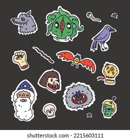 Creepy cute Halloween theme stickers with white frame on the black background. Monsters, wolf, bat, wizard, witch, skull, zombie vector illustration.