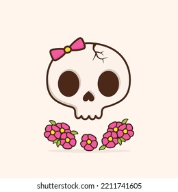 Ilustración de dibujos animados hecha a mano con escepticismo y adorable. Ilustración vectorial de Halloween. Carácter gracioso del cráneo. Dibujo vectorial de línea plana en la ilustración del personaje kawaii.