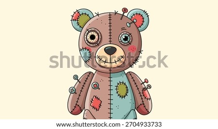 A creepy and cute patchwork teddy bear character made of two different halves with stitches pins and button eyes for a spooky design.