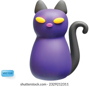 Creepy or cute purple cat with lighting eyes. Decor element for halloween  design. Vector form 3d rendering, modern clay style.