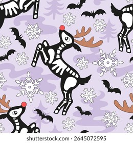 Creepy Cute Skeleton Reindeer Christmas and Halloween mix vector seamless pattern with Bats and Snowflakes in Retro Line Art Style. Great for unique holiday designs, gothic wrapping paper, spooky
