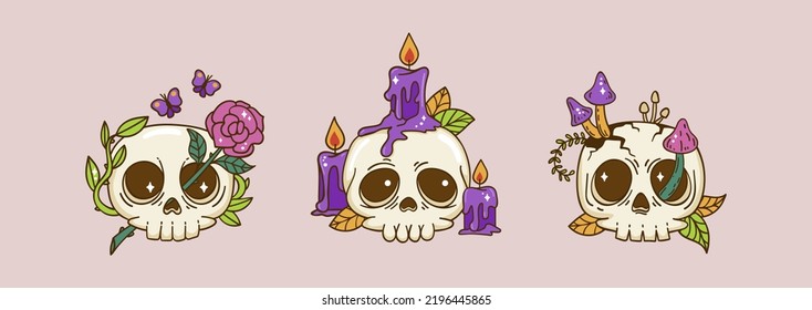 Creepy   cute skulls cartoon characters set  Halloween vector illustration in Kawaii Style are perfect for poster  card  decoration  print