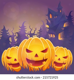 Creepy dark Halloween invitation card with scary pumpkin smiling faces and a haunted house on the background