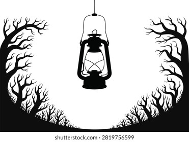 Creepy dead trees and spooky lantern in silhouette. Dark forest background for halloween night. Mysterious, eerie, haunted, vintage object, ominous.