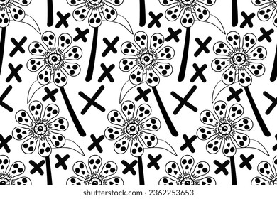 Creepy deadly flowers of skulls, eye and braid. Scary Halloween. Trendy, stylish, fashionable, seamless vector pattern for design and decoration.
 