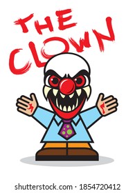 
Creepy demon clown vector illustration showing his huge teeth and eyes with his name written above