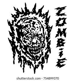 Creepy demon head. Vector illustration. Black and white colors. Horror genre.