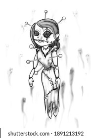 creepy doll floating gray background Vector outline 