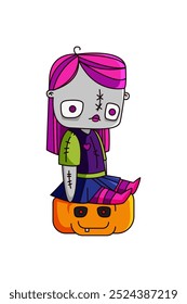 Creepy Doll with pink hair in a purple dress, sitting on a pumpkin, halloween concept. Hand Drawn Voodoo doll vector illustration isolated on white background. 
