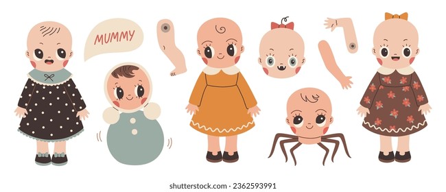 Creepy doll set. Cute Halloween dolls isolated on white flat vector. Halloween sticker, poster, banner, scrapbooking