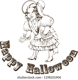 Creepy doll.  Template for a poster or advertising on Halloween. Mystical character. Engraving style