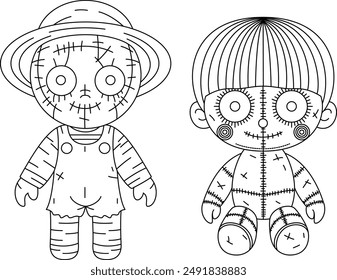 Creepy Dolls Hand Drawn Colouring. Halloween Outline Coloring Page