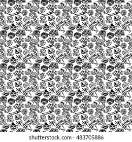 Creepy doodles - seamless vector pattern. Contains hand drawn pictures of skulls, heads, brains, and various creepy, cheap horror stylized doodles. Ideal as a Halloween background.