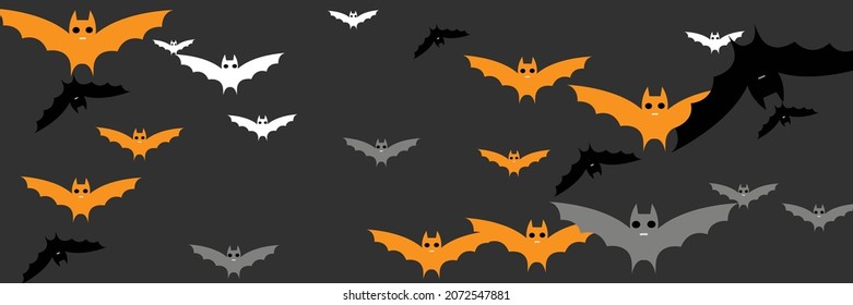 Creepy Dracula Chaos Scary Party Backdrop. Vampire White Cartoon Monster Black Halloween Art Illustration. Orange Faces Funny Sky Gothic Bats Background. Horror Mysterious Spooky Fear Grey Bats.