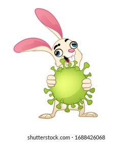 Creepy easter bunny is holding a big coronavirus in its hands