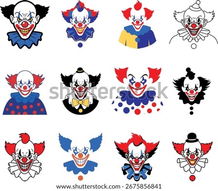 Creepy Evil Clown Face Vector – Scary Circus Killer Devil Headshot for Halloween on Transparent Background.