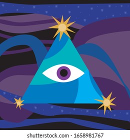 A creepy evil eye and constellation in the night sky on  background. A vector stock illustration with an eye in a triangle and a pupil as a concept of occultism.