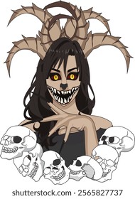 Creepy Evil Witch With Horns And Skull Vector