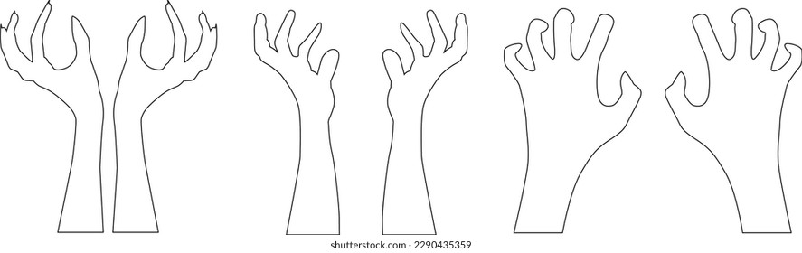 Creepy evil Zombie hands stroke zombie crooked lambs stick out of graveyard ground vector stroke illustration set