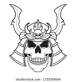 creepy evil-looking skull with old traditional samurai helmet with horns made of sword blades. isolated for placement in compositions. monochrome vector drawing.