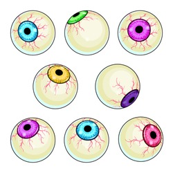 Creepy Eye Vector Illustrations Set. Halloween Scary Eyeball Collection Isolated On White Background.  Cartoon Red And Green Zombie Monster Eyes Clipart. Horror Party Decorations. 
